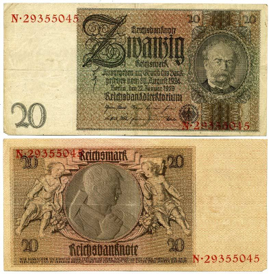 ГЕРМАНИЯ 20 РЕЙХСМАРОК 1929 Pick 181a бумага 3295-73-2