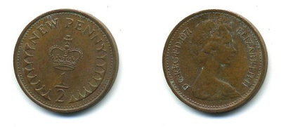 Великобритания 1/2 пенни 1971 Елизавета II (1952-2022) КМ 914, Spink 4239 бронза 4110-1615