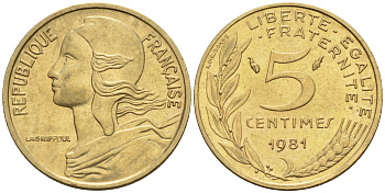 Франция 5 сантимов 1980 тип Марианна KM 933 никель алюминий медь    4594-1137