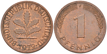 ФРГ 1 пфенниг 1979 F KM 105, J.380 сталь плакированная медью 187-857
