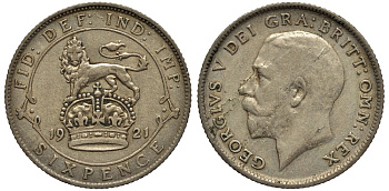 Великобритания 6 пенсов 1921 Георг V (1910-1936) KM 815а.1, Spink 4024 серебро 4538-152