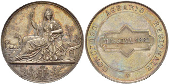 ИТАЛИЯ МЕДАЛЬ 1882 ПОБЕДИТЕЛЮ РЕГИОНАЛЬНОГО АГРАРНОГО КОНКУРСА МЕССИНЫ, МЕДАЛЬЕРЫ PLERONI/FIRENZE, ДИАМЕТР 40 ММ., ВЕС 25,3 ГР. серебро UNC 1084-2-42