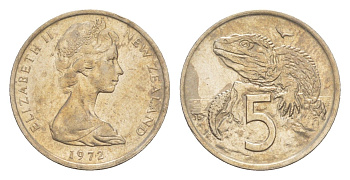 Новая Зеландия 5 центов 1972 Елизавета II (1952-2022), ящерица гаттерия KM 34 медно-никель 4651-167