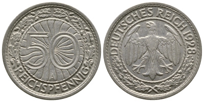 Германия 50 рейхспфеннигов 1928 A KM 49, J. 324 никель 4380-411