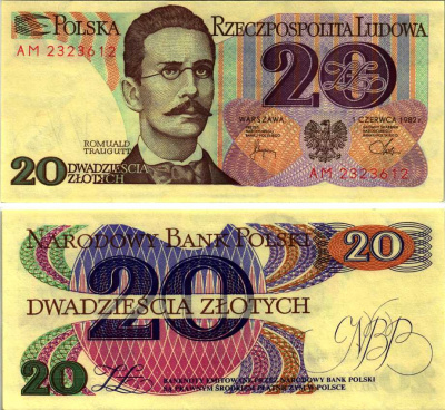 Польша 20 злотых 1982 Ромуальд Траугутт, в серии 2 буквы Pick 149 a (2) бумага аUNC 7183-43-1-2