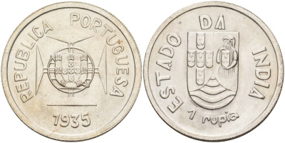 Португальская Индия 1 рупия 1935 мальтийский крест KM 22 серебро 1529-1213