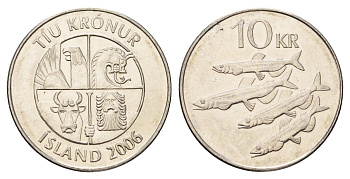 Исландия 10 крон 2006 рыбы KM 29.1a сталь плакированная никелем UNC 4691-255