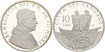 Ватикан 10 евро 2011 Бенедикт XVI, 60 лет рукоположения, в оригинальной коробке, с сертификатом KM 428 серебро  PROOF  7-1-32