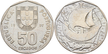 Португалия 50 эскудо 1987 парусник KM 636 медно-никель    4157-734