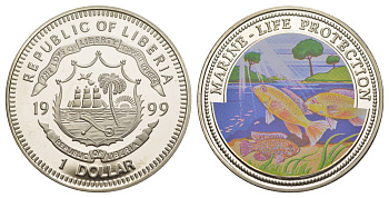 Либерия 1 доллар 1999 Защита морской жизни KM 531 медно-никель BU 1521-524
