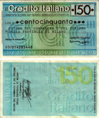 Италия чек на 150 лир 1976 8 марта 1976, credito Italiano бумага 7204-70-1-2