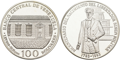 Венесуэла 100 боливаров 1983 200 лет со дня рождения Симона Боливара KM 58 серебро PROOF 1095-3-12