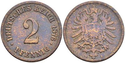 ГЕРМАНИЯ 2 ПФЕННИГА 1876 B, СТАРОГЕРБОВКА KM 2, Jager 2, Weege 3 медь 4546-557