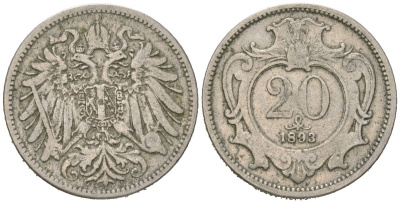 Австрия 20 геллеров 1893 Франц Иосиф (1848-1916) KM 2803 никель 4615-711