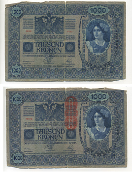 АВСТРИЯ 1000 КРОН 1919 КРАСНАЯ ВЕРТИКАЛЬНАЯ НАДПЕЧАТКА НА 1902 Pick 59 бумага 6294-29-2