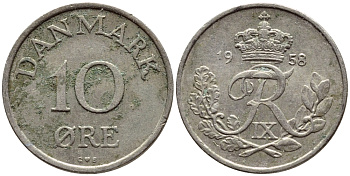 ДАНИЯ 10 ЭРЕ 1958 C; S, ФРЕДЕРИК IX (1947-1972) КМ 841.2 медно-никель 4398-924
