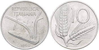 ИТАЛИЯ 10 ЛИР 1954 R, КОЛОСЬЯ, ПЛУГ KM 93 алюминий 4551-154