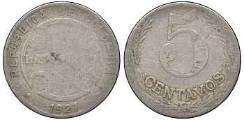 Колумбия 5 сентаво 1921 государственный лепрозорий KM L11 медно-никель 53-1036