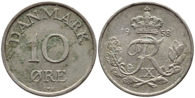ДАНИЯ 10 ЭРЕ 1958 C; S, ФРЕДЕРИК IX (1947-1972) КМ 841.2 медно-никель 4398-924