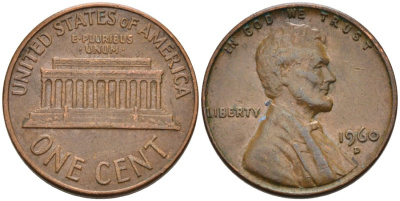 США 1 цент 1960 D, Линкольн KM 201 медь цинк 4564-334