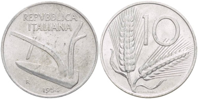 ИТАЛИЯ 10 ЛИР 1954 R, КОЛОСЬЯ, ПЛУГ KM 93 алюминий 4551-154