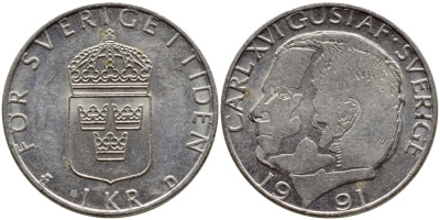 Швеция 1 крона 1991 Карл XVI Густав (1973- ) KM 852a медно-никель 4384-217