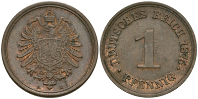 Германия 1 пфенниг 1875 A, Вильгельм I (1871-1888) KM 1, J. 1 медь 4602-824