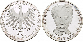 ФРГ 5 марок 1975 G, 100 лет со дня рождения Альберта Швейцара KM 143, J.418 серебро PROOF 650-1331