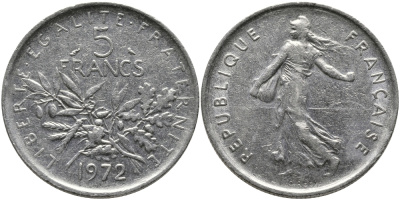 ФРАНЦИЯ 5 ФРАНКОВ 1972 СЕЯТЕЛЬ KM 926a.1, LE FRANC 341.4 медно-никель плакированный никелем 97-823