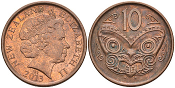 Новая Зеландия 10 центов 2013 маска Маори, Елизавета II (1952-) KM 117а сталь плакированная медью 67-1227