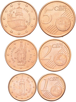 САН-МАРИНО ЛОТ ИЗ 3 МОНЕТ 2006 (1, 2, 5 ЕВРОЦЕНТОВ) KM 440, 441, 442 сталь плакированная медью UNC N4-68