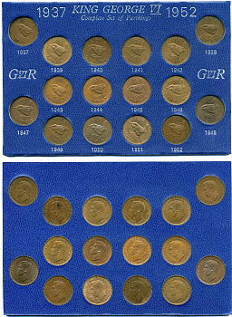 Великобритания погодовой набор из 16 монет номиналом в 1 фартинг 1937-1952 Георг VI (1936-1952) Spink 4116, 4119 бронза 3-6-2-40