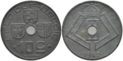 Бельгия 10 сантимов 1942 Belgique - Belgie, Леопольд III (1934-1947), германская оккупация, Вторая мировая война KM 125 цинк 4606-1142