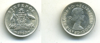 АВСТРАЛИЯ 6 ПЕНСОВ 1963 KM 58 серебро 7-5-26-21