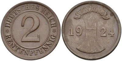 Германия 2 рентенпфеннига 1924 E KM 31, J.307, Weege 3 медь 4584-622