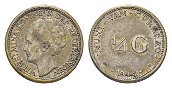 Нидерландское Кюрасао 1/4 гульдена 1944 Вильгельмина (1890-1948) KM 44 серебро 4623-743