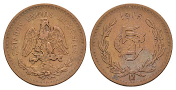 Мексика 5 сентаво 1918 KM 422 бронза 1518-431