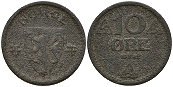 Норвегия 10 эре 1942 Хокон VII (1906 - 1957) KM 389 цинк 4154-757