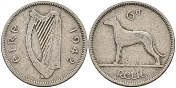 Ирландия 6 пенсов 1942 ирландский волкодав KM 13a медно-никель 4146-434