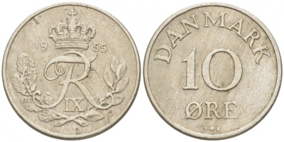 ДАНИЯ 10 ЭРЕ 1955 N; S, ФРЕДЕРИК IX (1947-1972) KM 841.1 медно-никель 3309-142