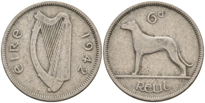 Ирландия 6 пенсов 1942 ирландский волкодав KM 13a медно-никель 4146-434
