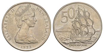 Новая Зеландия 50 центов 1973 Елизавета II (1952-2022), парусник Индевор KM 37 медно-никель 84-1246