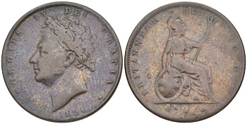 Великобритания 1 фартинг 1830 Георг IV (1820-1830) KM 697, Spink 3825 медь 4543-823