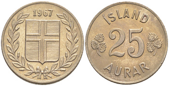 Исландия 25 эйре 1967 KM 11 медно-никель UNC 187-721