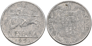 ИСПАНИЯ 10 СЕНТИМО 1953 РЫЦАРЬ НА КОНЕ KM 766 алюминий 4589-857