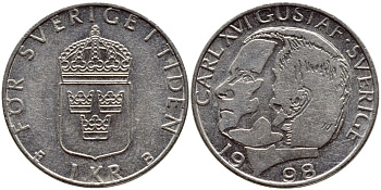 Швеция 1 крона 1998 Карл XVI Густав (1973- ) KM 852a медно-никель 4622-341