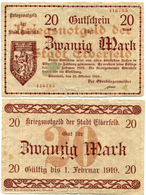 Германия, округ Эльберфельд 20 марок 1918 Вупперталь, Северный Рейн-Вестфалия, нотгельд, с 25 октября 1918 по февраль 1919 Geiger 124.04  бумага   435-42-1-2