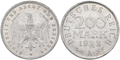 Германия 200 марок 1923 А KM 35, J. 304, Weege 22 алюминий 4584-532