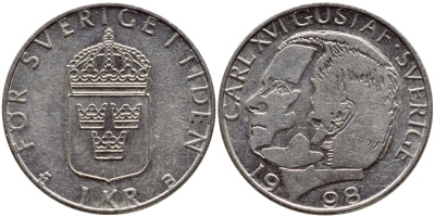 Швеция 1 крона 1998 Карл XVI Густав (1973- ) KM 852a медно-никель 4622-341