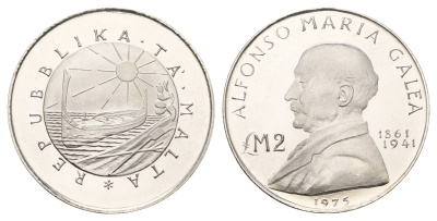 Мальта 2 лиры (фунта) 1975 Альфонсо Мария Галеа KM 31 серебро BU 270-545